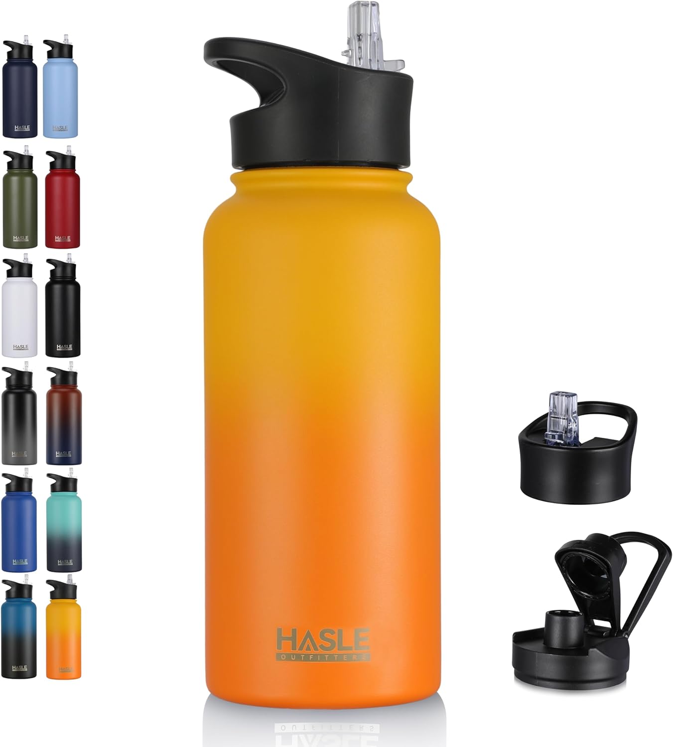 HASLE OUTFITTERS 32 oz Insulated Water Bottle Stainless Steel Double Walled Vacuum Sports Water Bottle with 2 Lids (Straw and Spout Lid) for Gym Camping Hiking(Black,1)
