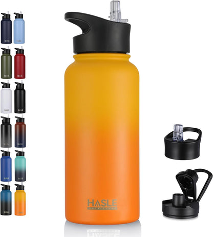 HASLE OUTFITTERS 32 oz Insulated Water Bottle Stainless Steel Double Walled Vacuum Sports Water Bottle with 2 Lids (Straw and Spout Lid) for Gym Camping Hiking(Black,1)