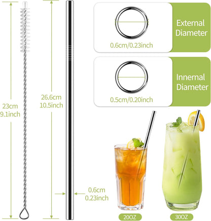 Set of 10 Stainless Steel Straws, HuaQi Straight Reusable Drinking Straws 10.5'' Long 0.24‘’ Dia for 30 oz Tumbler and 20 oz Tumbler, 2 Cleaning Brush Included (10 Straight Straw + 2 Brushes）