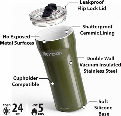 YOGI Ceramic Lined Metal Allergy Safe 16oz Coffee Tumbler with Leakproof Lid BPA Free Vacuum Insulated Stainless Steel Cupholder Friendly Travel Cup for Coffee and Water Sandstone