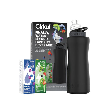 Cirkul 32oz. Chameleon Stainless Steel Water Bottle Starter Kit with Green Lid, 2 Flavor Cartridges (1 LifeSip Blackberry Blueberry, 1 GoSip Berry Blue Punch) No Sugar, Zero Calorie Drink Mix
