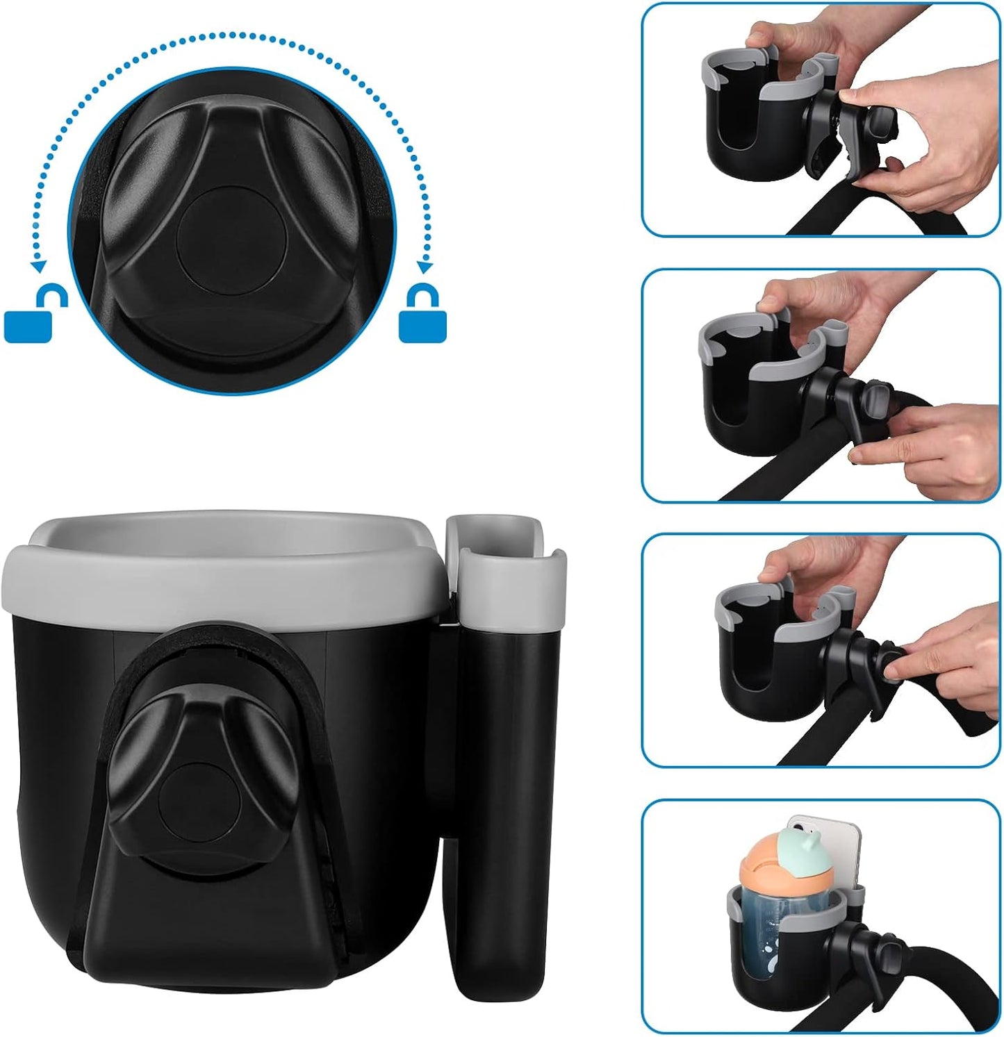Accmor Stroller Cup Holder with Phone Holder, Bike Cup Holder, Universal Cup Holder for Uppababy Nuna Doona Strollers, 2-in-1 Cup Holder for Walker, Wheelchair, Scooter - Colors A