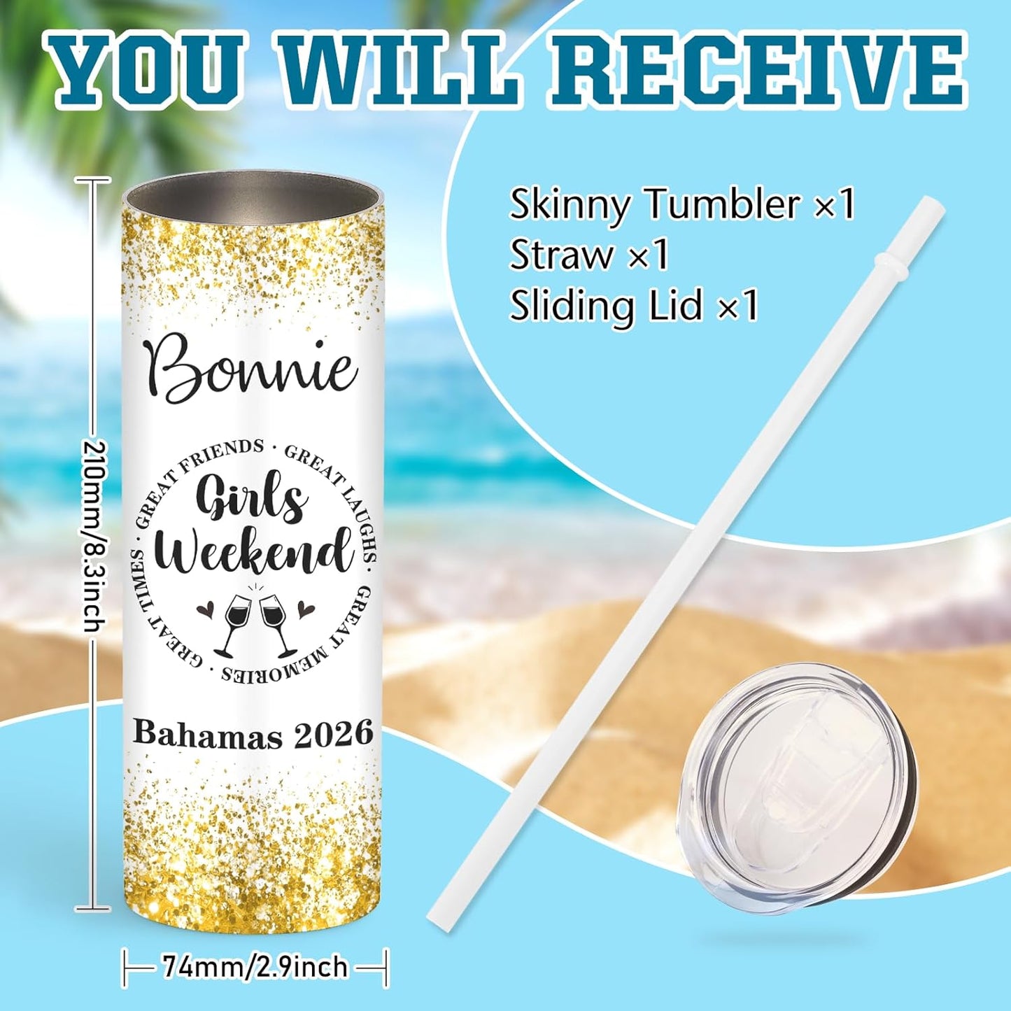 Girl Trip Gifts for Women, Personalized Girls Trip Tumblers with Name Text, Custom Beach Tumbler, Road Trips Vacation Cruise Cup with Lid and Straw, Bachelorette Party Girl Weekend Gift For Friend