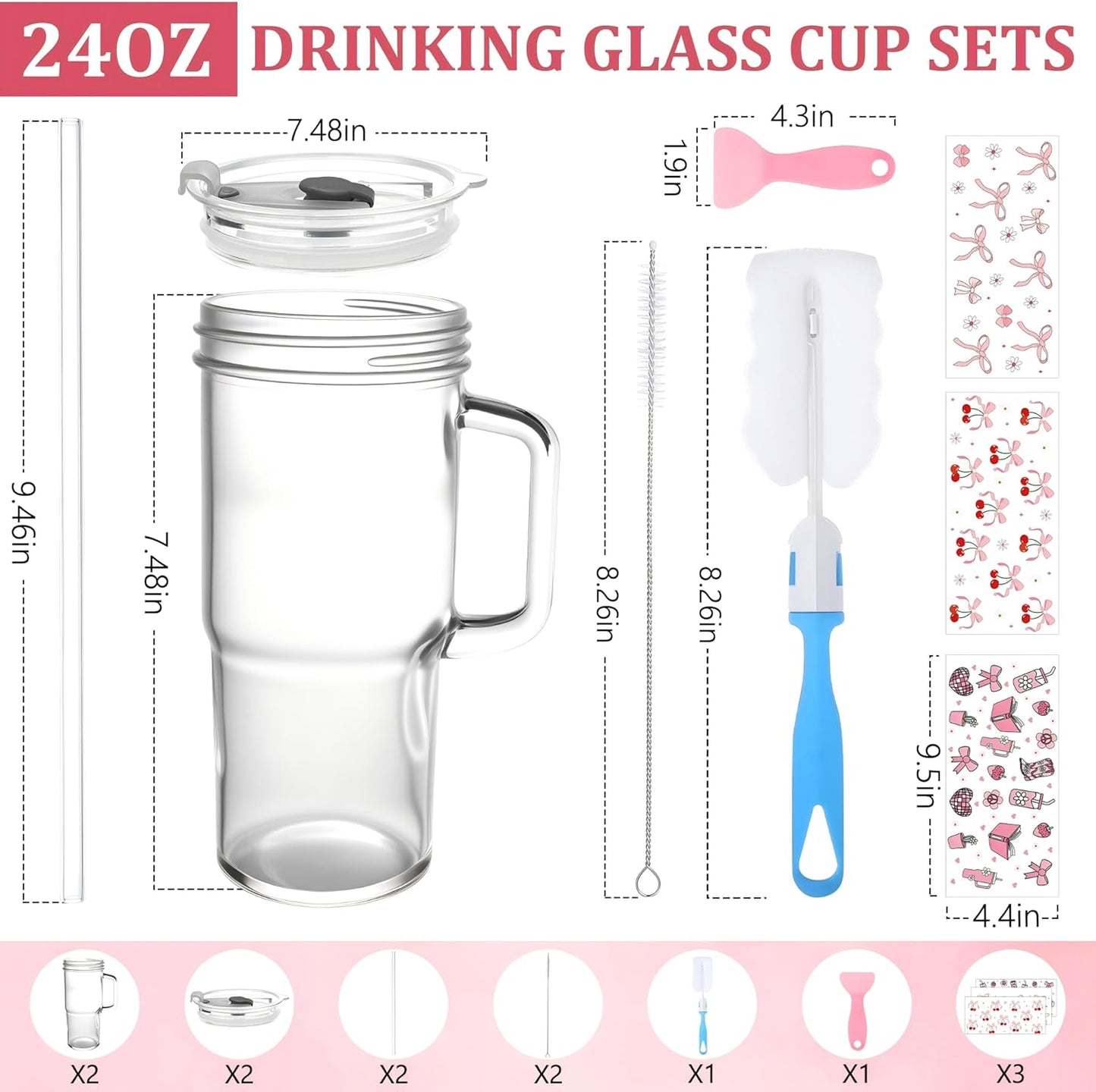 2Pack 40OZ Glass Tumbler with Handle,Glass Cup with Lid and Straw,Reusable Glass Iced Coffee Cup for Beer, Smoothies, Juice,Hot/Cold Drinks-Suitable for Birthday,Wedding