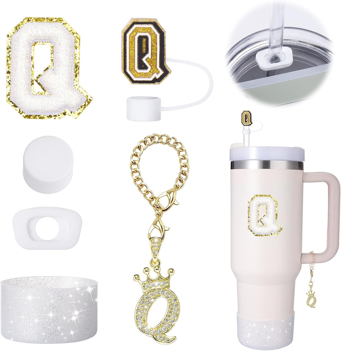 Mity Rain 6pc Cup Accessories Set for Stanley 30 oz & 40 oz Tumbler with Handle, Including Straw Cover Cap, Cup Initials Charm, Silicone Boot, Round & Square Spill Proof Stopper