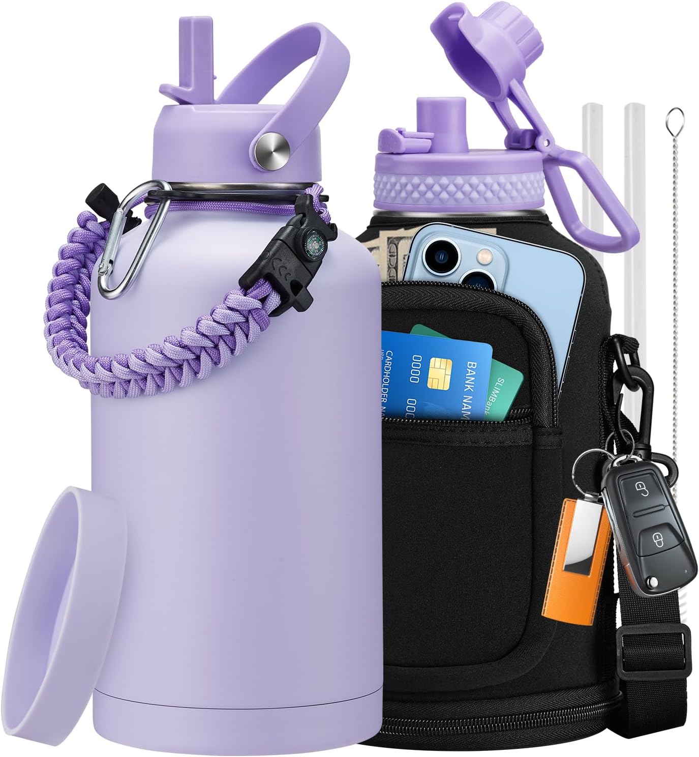 32/40/64OZ Insulated Water Bottle - Keep Cold 48H Hot 24H, Combo Straw/Spout Lids, Paracord Handle for Gym/Hiking, Carrier Bag +Strap, Cup Mat, BPA-Free Stainless Steel Flask Jug