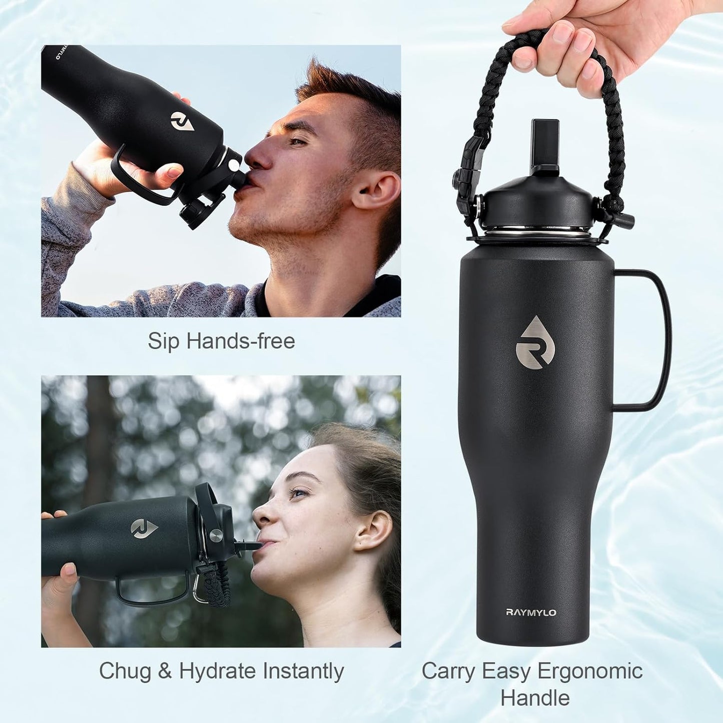 RAYMYLO 40 oz Insulated Water Bottle with Straw fit in Car Cup Holder, Triple Wall Vacuum Stainless Steel(Cold 48 hrs, Hot 24 hrs), Leakproof & Non-BPA, Hydro Travel Flask with Straw and Spout Lid