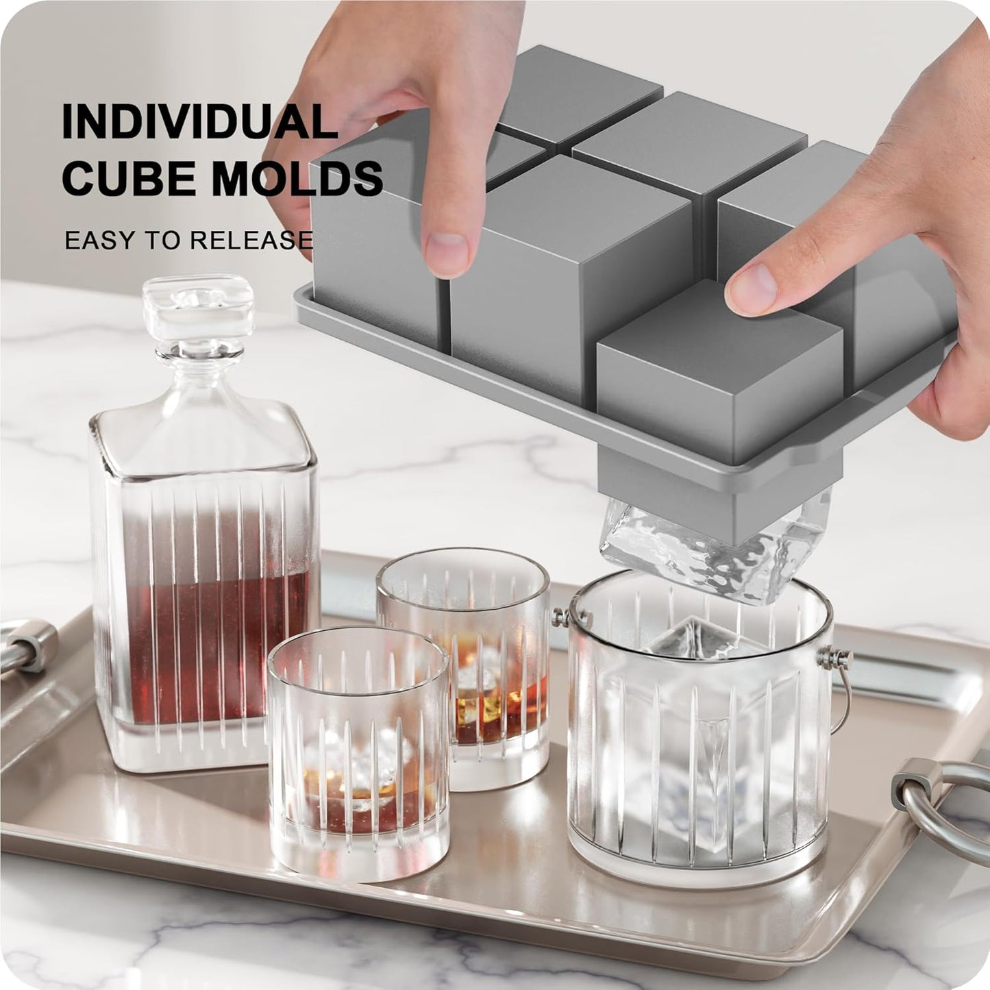 VLM 3 Packs Large Ice Cube Molds with Stackable Lid,Silicone Ice Cube Tray for Freezer,Big Square Ice Tray for Whiskey,Cocktails,Bourbon and Soups (Neutral)