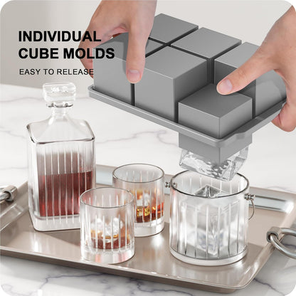 VLM 3 Packs Large Ice Cube Molds with Stackable Lid,Silicone Ice Cube Tray for Freezer,Big Square Ice Tray for Whiskey,Cocktails,Bourbon and Soups (Neutral)