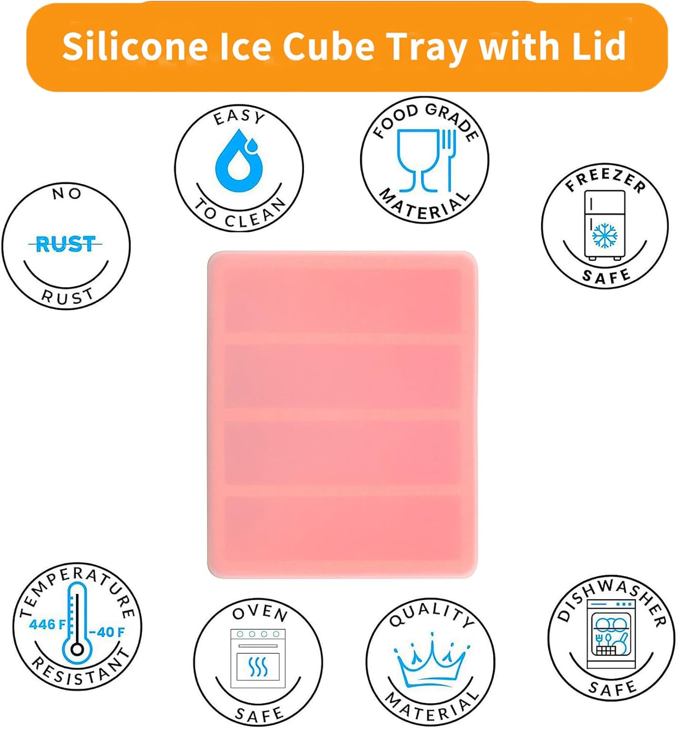 Large and Long Ice Cube Tray 2 Pack Silicone Freezing Container Sticks with Lid for Whiskey, Water Bottle, Food Leftovers and Baking (2pack Orange)