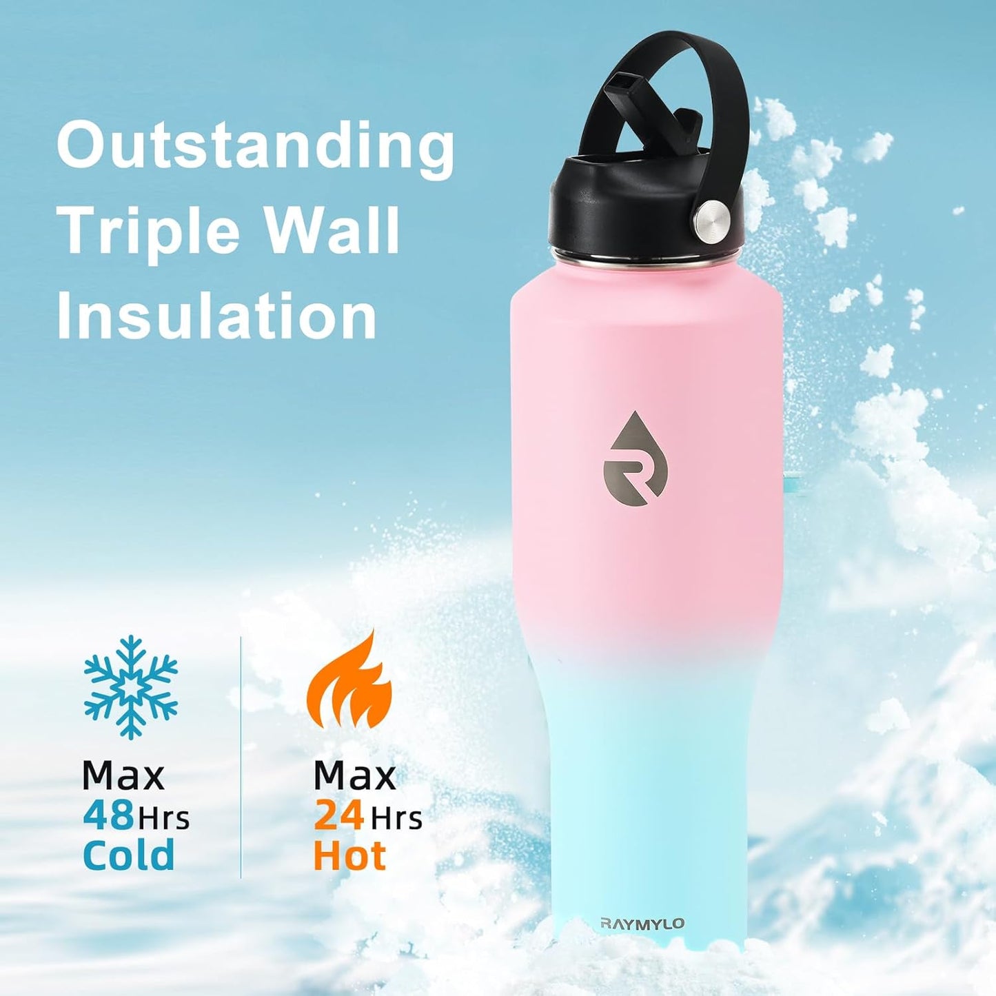 RAYMYLO 40 oz Insulated Water Bottle with Straw fit in Car Cup Holder, Triple Wall Vacuum Stainless Steel(Cold 48 hrs, Hot 24 hrs), Leakproof & Non-BPA, Hydro Travel Flask with Straw and Spout Lid