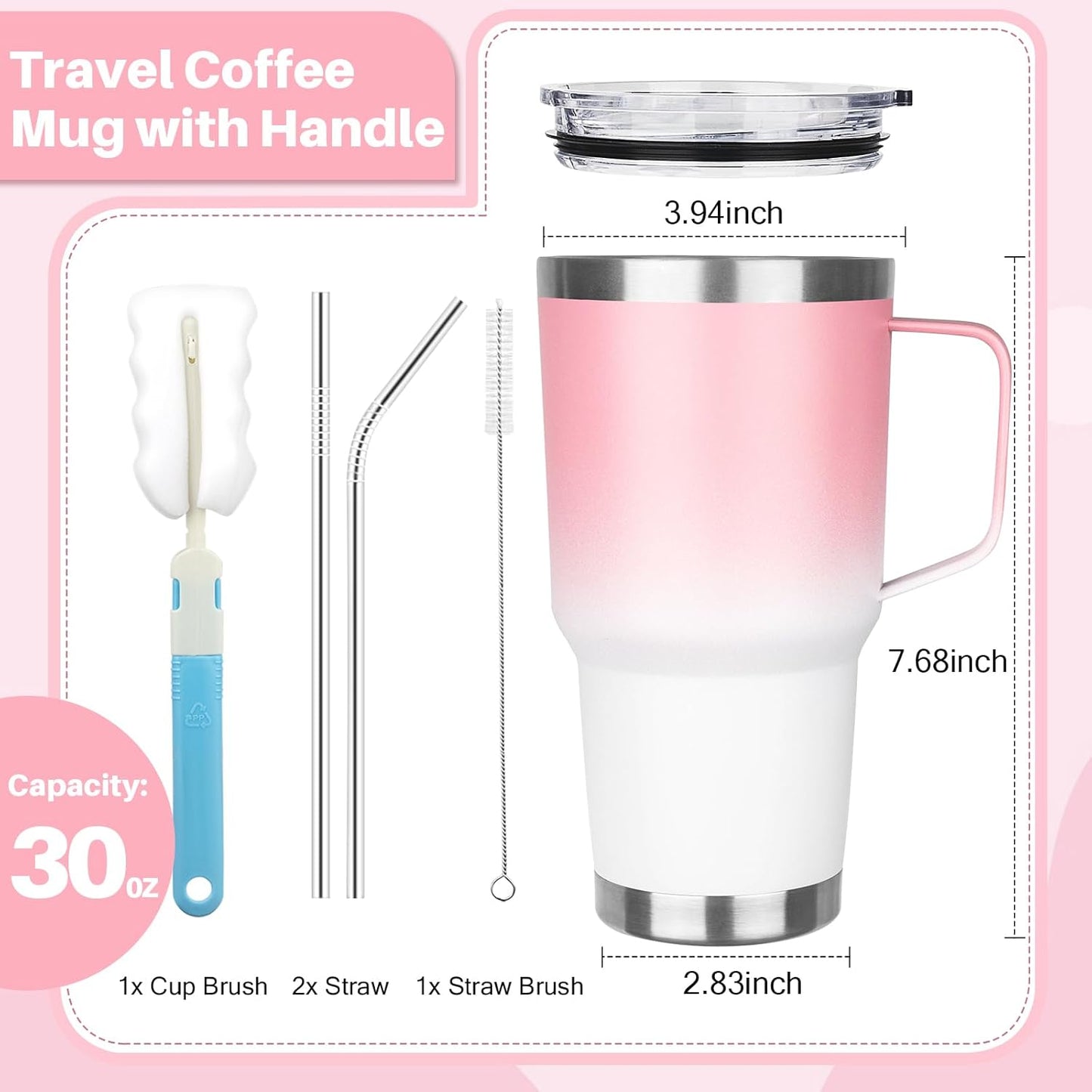 40 oz Tumbler with Handle, Insulated Tumbler with Lid and Straw, Reusable Stainless Steel Vacuum Insulated Cup, 100% Leak Proof Thermal Travel Coffee Mug Cup for Cold and Hot (Light Purple)