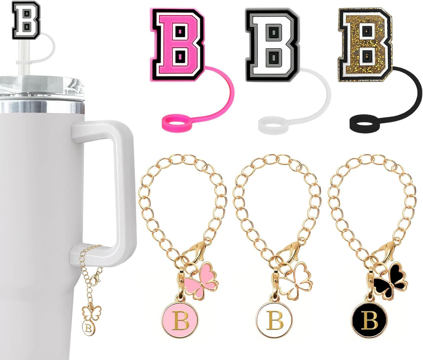 （3 +3) 3PCS Nuozme Straw Cover 10mm For Stanley Tumbler Cup Reusable Straw Cap Topper with 3 Initial Letter Charms Accessories Name ID Personalized Handle Charm For Stanley 30&40 Oz Cup Tumbler - Colors B