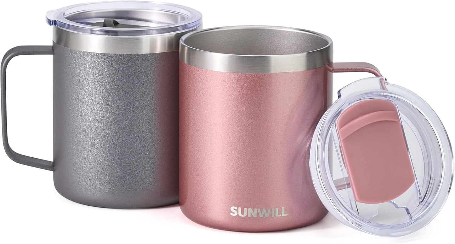 SUNWILL Travel Coffee Mug with Lid, Insulated Tumbler with Handle, 14 oz Stainless Steel Cup for Ice, Water, Tea, Rose Gold