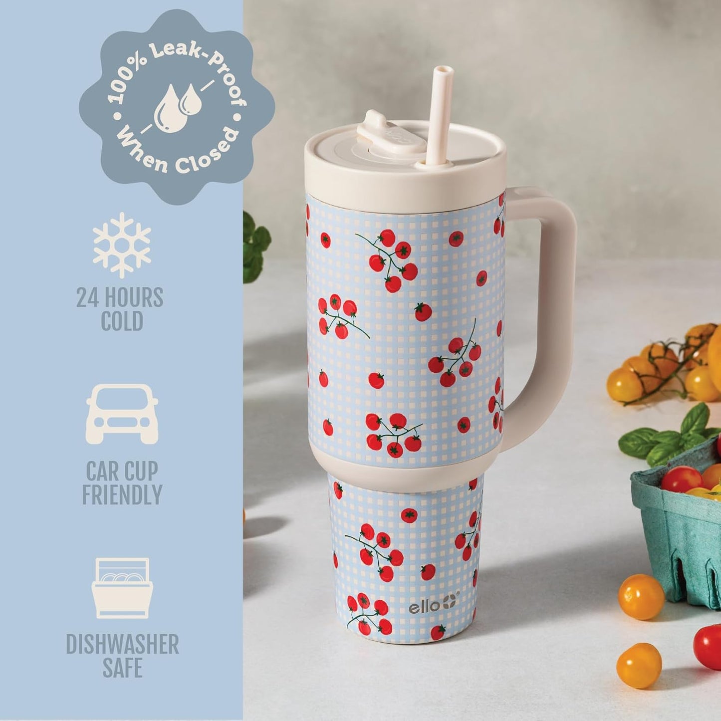 Ello Oasis 40 oz Tumbler with Handle & Retracting Straw | Reusable Insulated Stainless Steel Cup 100% Leakproof, Gifts for Teens Women Men | Keeps cold for 24 Hours, Cup Holder Friendly, Daisies