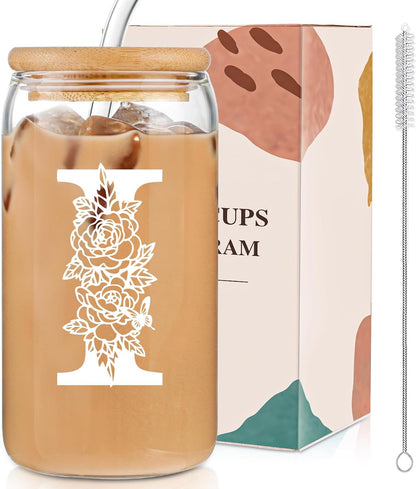 Glass Cups with Lids and Straws: Personalized Initial Glass Cup Be Used As Reusable Iced Coffee Cups with Lids,Cute Matcha Tumbler - The Christmas/Birthday Gifts for Women - M Smoothie Cup