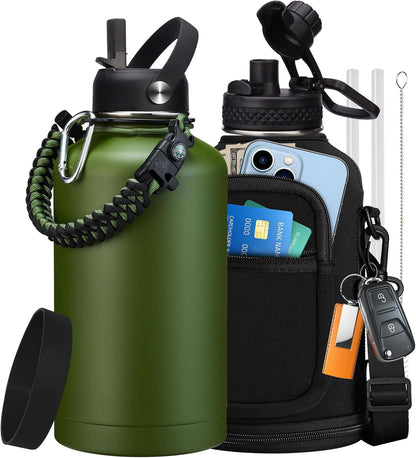 32/40/64OZ Insulated Water Bottle - Keep Cold 48H Hot 24H, Combo Straw/Spout Lids, Paracord Handle for Gym/Hiking, Carrier Bag +Strap, Cup Mat, BPA-Free Stainless Steel Flask Jug