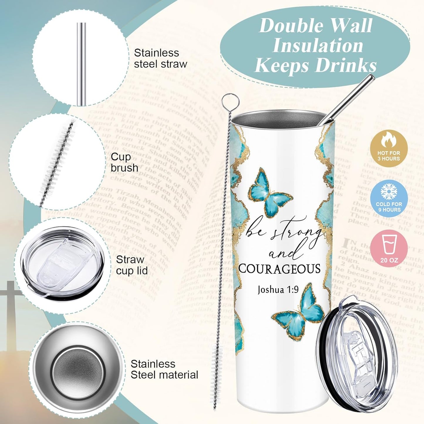 Geiserailie 6 Sets Christian Tumblers for Women 20 oz Marble Stainless Steel Cups with Lid Straw and Brush Inspirational Bible Verse Faith Gifts for Graduation End of Year Friends Coworkers Church