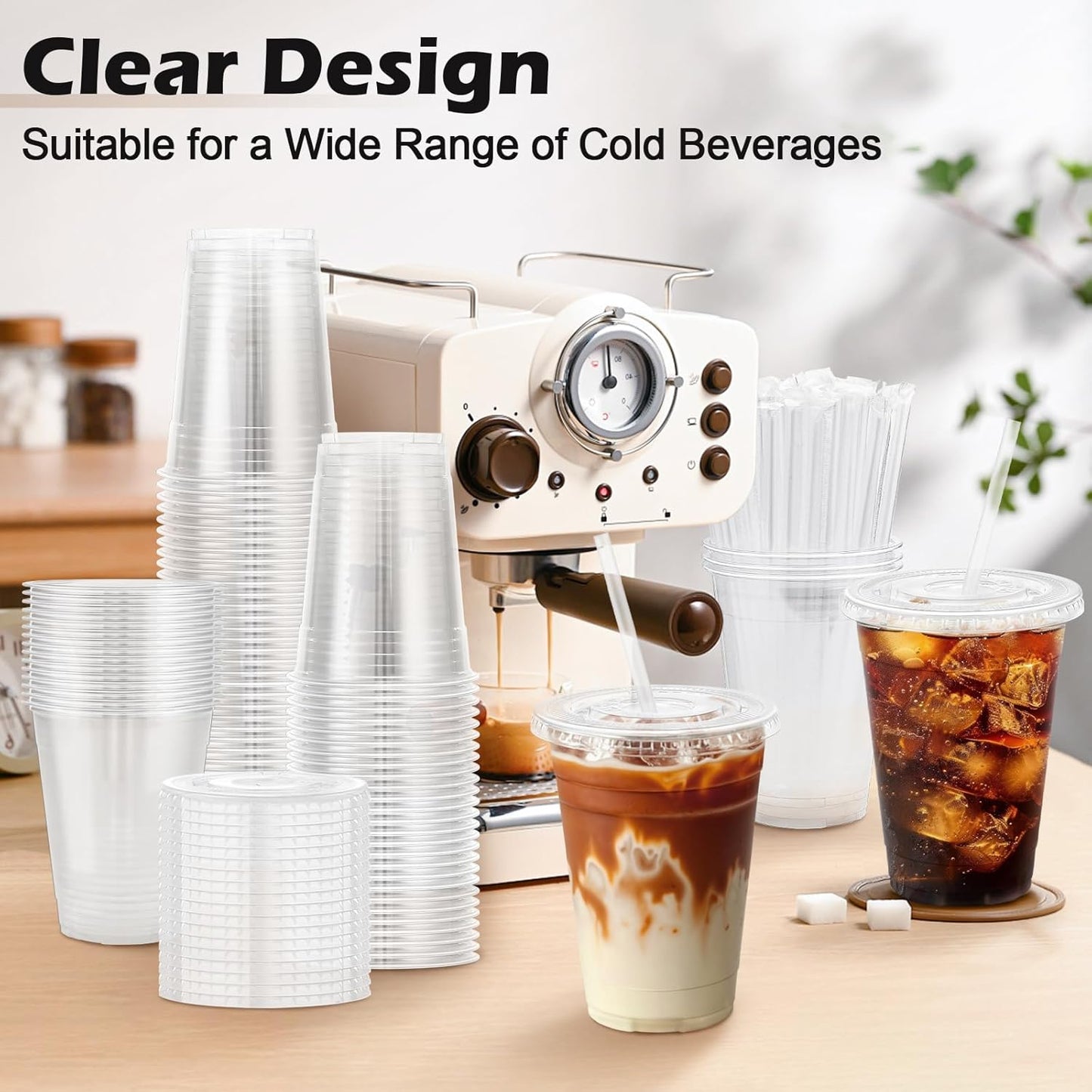 Lamosi 100 Pack 16 oz Clear Plastic Cups with Lids and Straws, Disposable Plastic Coffee Cups with Lids for Iced Coffee, Cold Beverages, Smoothies and To-Go Drinks