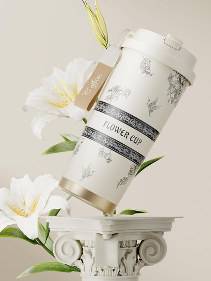[2-IN-1 LID] Travel Mug,Coffe mug,Coffe cup,Ceramic coating Lined,316 Stainless Steel,BPA Free,Vacuum Insulated Tumbler for Water, Iced Tea or Coffee, Smoothie and More (Peony-White, 18 Onuces)