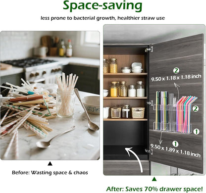 9.5” Large Acrylic Straw Holder for Cabinet Door - Ultra Sticky Adhesive Squares, Reusable Adjustable Organizer for Straws, Fits Kitchen Counter, Cupboard, Storage Dispenser（Transparent） (1 PACK)