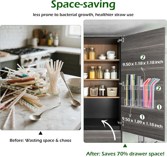 9.5” Large Acrylic Straw Holder for Cabinet Door - Ultra Sticky Adhesive Squares, Reusable Adjustable Organizer for Straws, Fits Kitchen Counter, Cupboard, Storage Dispenser（Transparent） (1 PACK)
