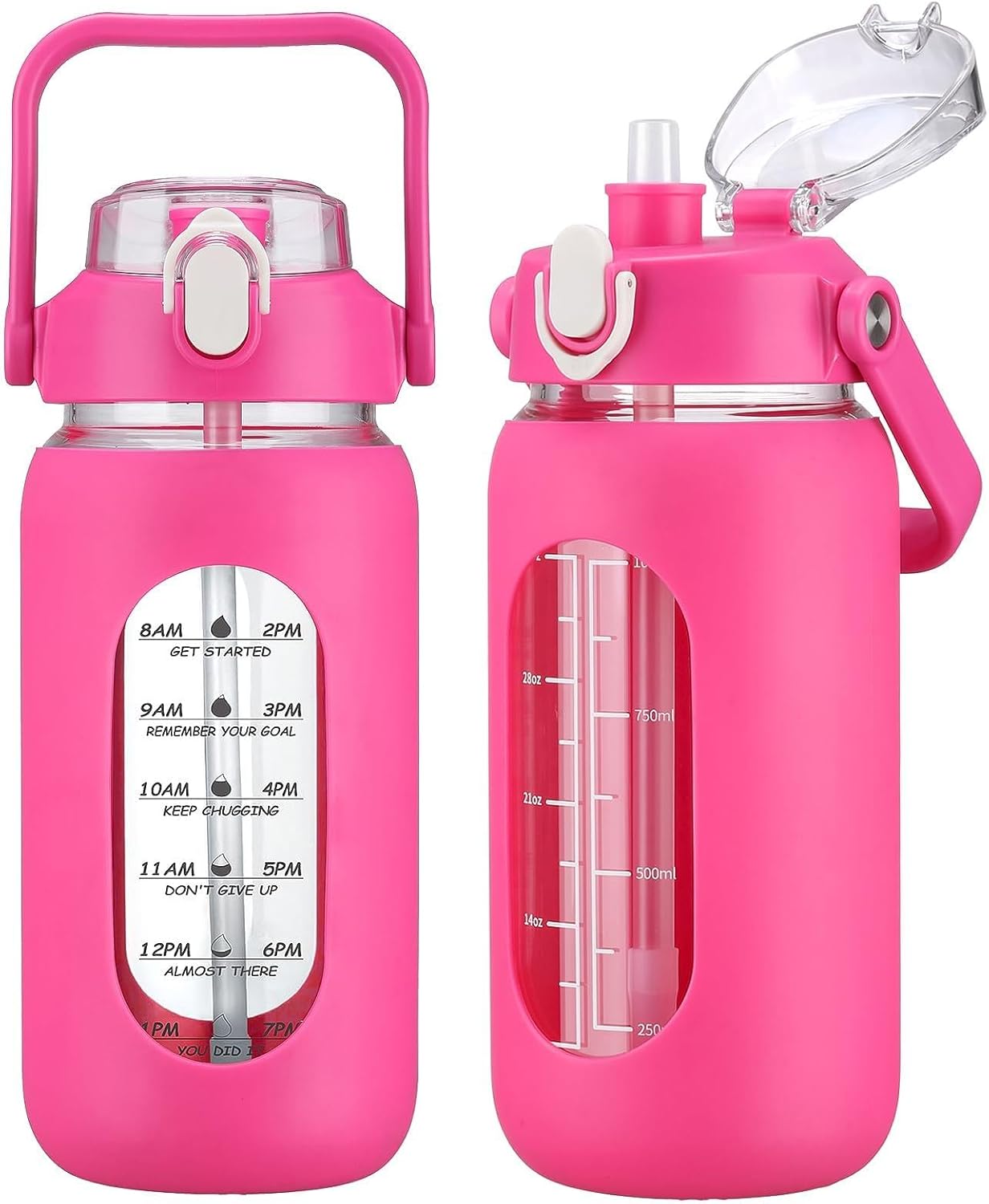 64oz Glass Water Bottles with Straw, Half Gallon Motivational Glass Bottle with Silicone Sleeve and Time Marker, 2L Leakproof Large Glass Water Jug for Gym Home Office,olive