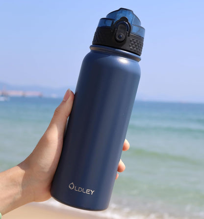 Oldley Insulated Water Bottle 20oz for Adults Kids Stainless Steel Water Bottles with Straw/Chug/Carabiner 3 Lids Fruit Strainer Double Wall Vacuum Wide Mouth BPA Free Leak-Proof for School Travel