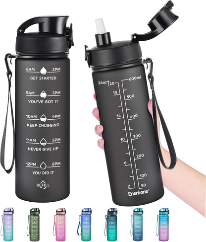 Enerbone Water Bottle, Leakproof BPA & Toxic Free, Motivational Water Bottle with Times to Drink and Straw, Fitness Sports Water Bottle with Strap for Office, Gym, Outdoor Sports