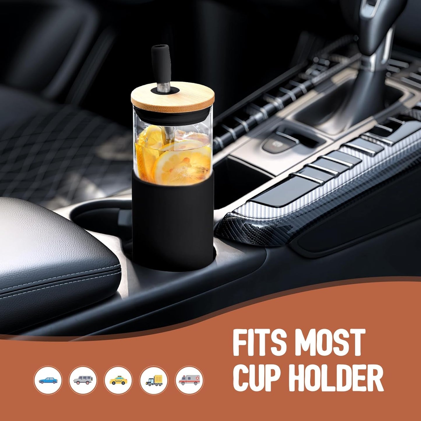 Kodrine 20oz Glass Water Tumbler with Straw and Lid, Bamboo Lids Water Bottle, Iced Coffee Cup Reusable, Wide Mouth Smoothie Cups with Protective Silicone Sleeve BPA FREE-Black - Colors A