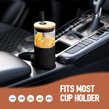 Kodrine 20oz Glass Water Tumbler with Straw and Lid, Bamboo Lids Water Bottle, Iced Coffee Cup Reusable, Wide Mouth Smoothie Cups with Protective Silicone Sleeve BPA FREE-Black - Colors A