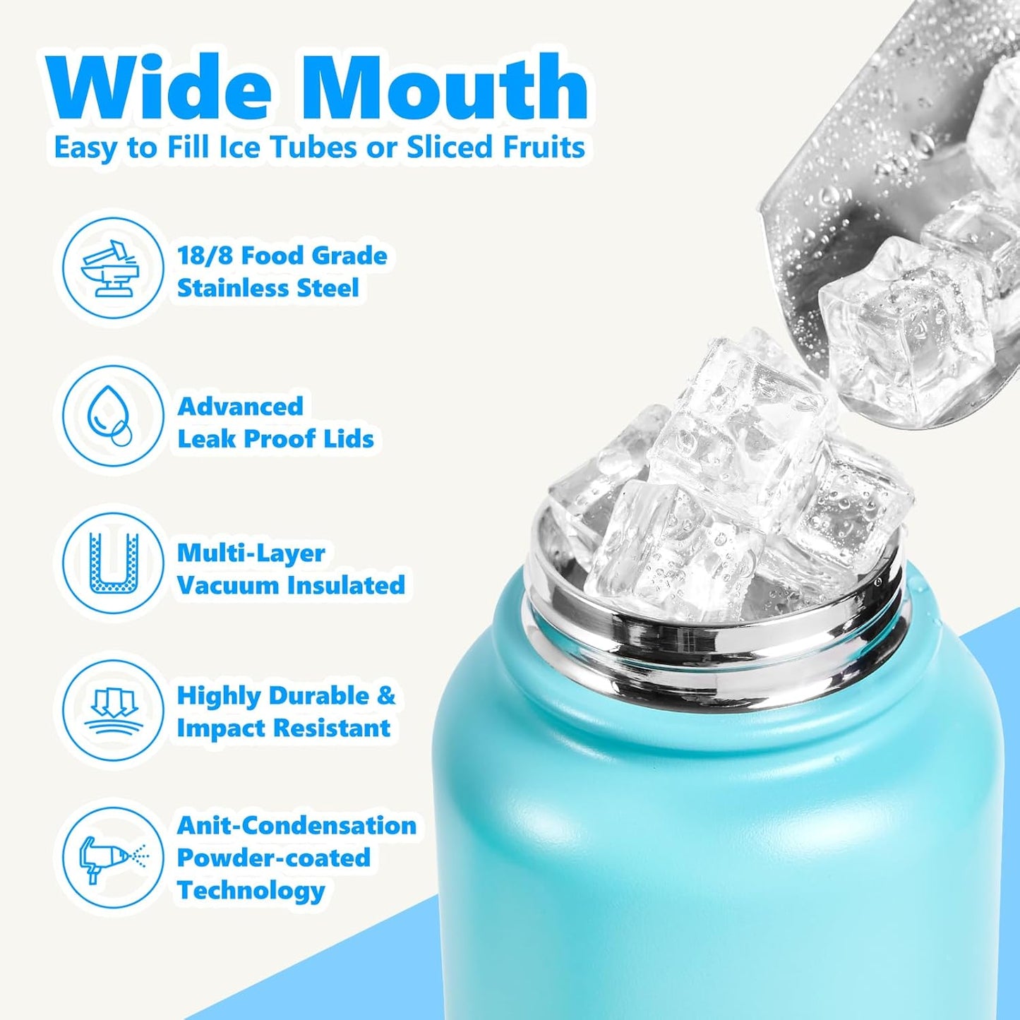 Insulated Water Bottle with Lid & Boot & Stickers, 24 oz Stainless Steel Sweat Free Bottle Keep Cold 24H, BPA-Free Sports Wide Mouth Water Bottle, BlueBlack