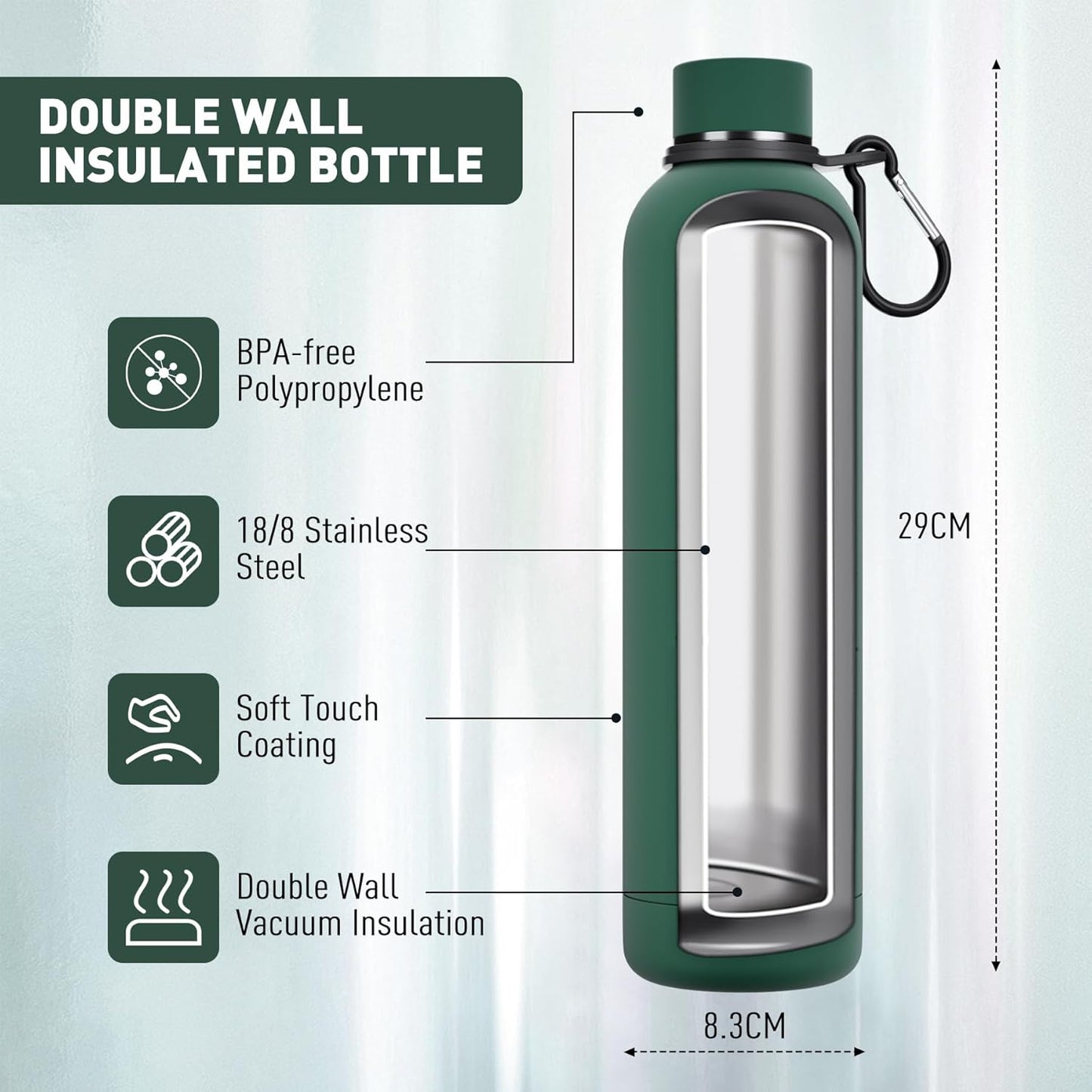 Exllena Slim Insulated Water Bottles for Travel 18oz with Clip, Double Wall Vacuum Stainless Steel Water Bottle Keeps Drinks Cold 24 Hrs/Hot 12 Hrs, 100% Leakproof, BPA Free(Black)