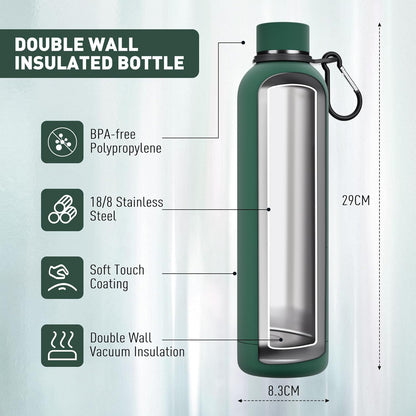 Exllena Slim Insulated Water Bottles for Travel 18oz with Clip, Double Wall Vacuum Stainless Steel Water Bottle Keeps Drinks Cold 24 Hrs/Hot 12 Hrs, 100% Leakproof, BPA Free(Black)