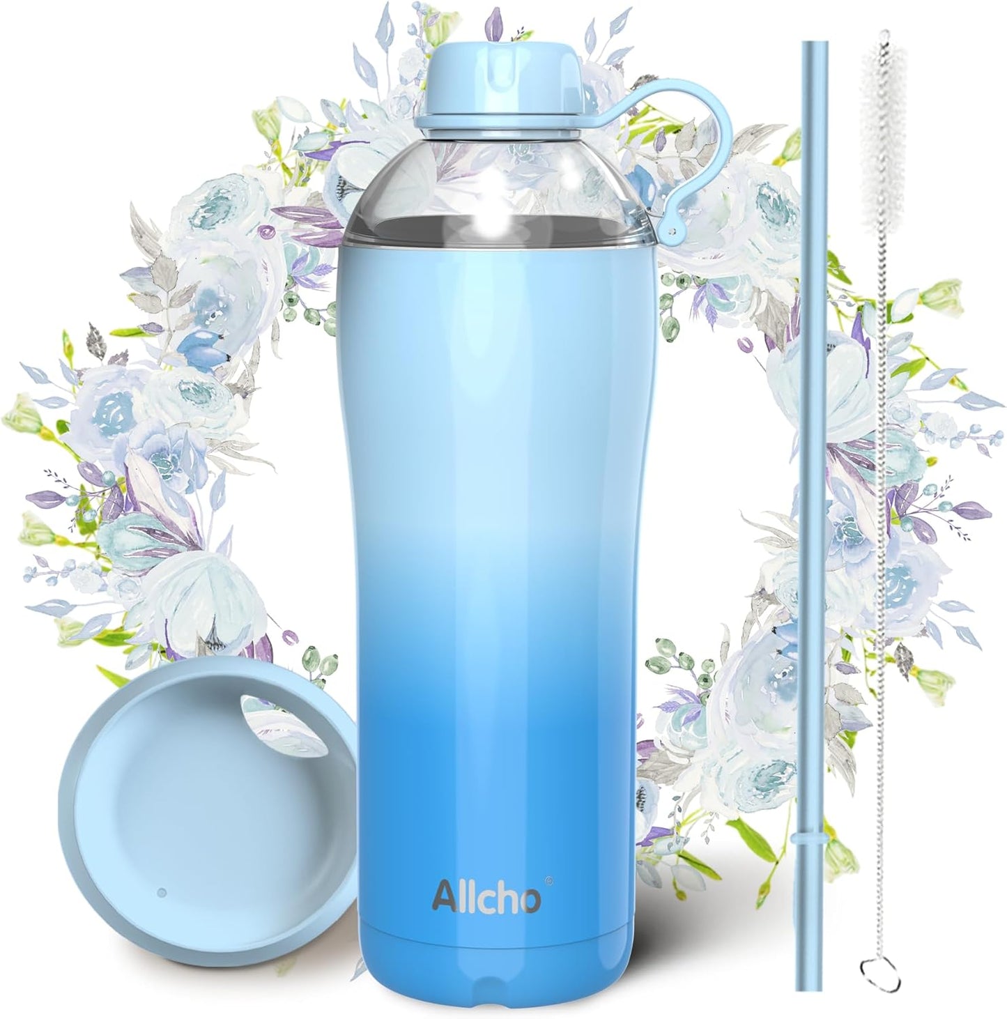 Allcho Insulated Water Bottle for Women, 18oz Stainless Steel Leak Proof Tumbler with 2 Lids, BPA-Free Tritan Chug & Straw Lid, Double Wall Vacuum Flask