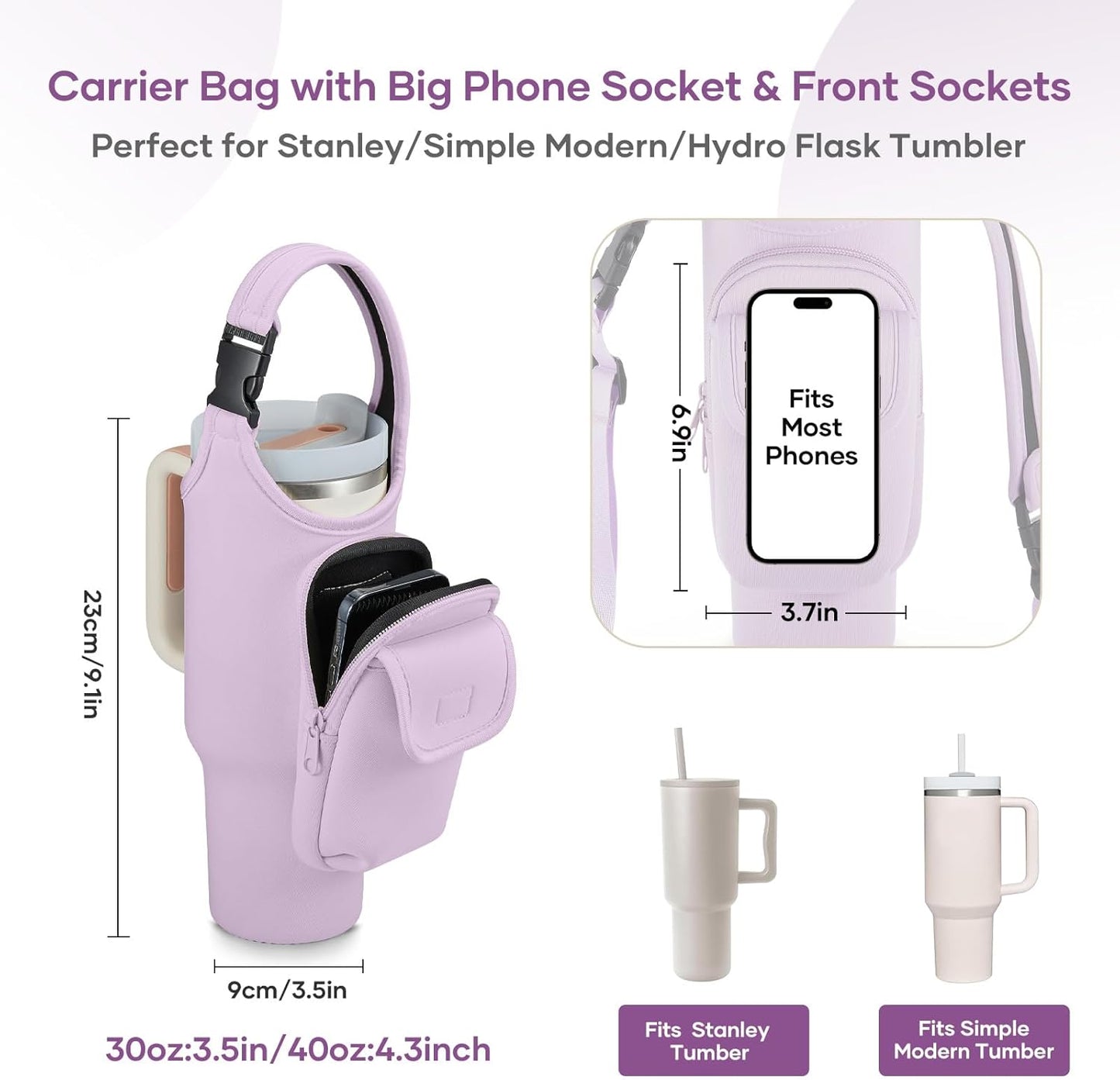 Bufilea Carrier Bag with Phone Holder Pockets for Stanley 40/30oz Tumbler with Handle, Insulated Neoprene Crossbody Bag Cup Holder w/Shoulder & Handheld Straps Fits Stanley Cup Accessories