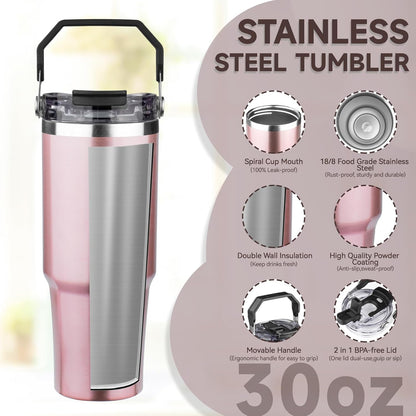30oz Tumbler with Handle and Flip Straw Lid Double Wall Insulated Travel Coffee Mug Stainless Steel Vacuum Insulated Coffee Tumbler Cup for Hot and Cold Beverages,Leak-proof&BPA-free (30oz,Black)