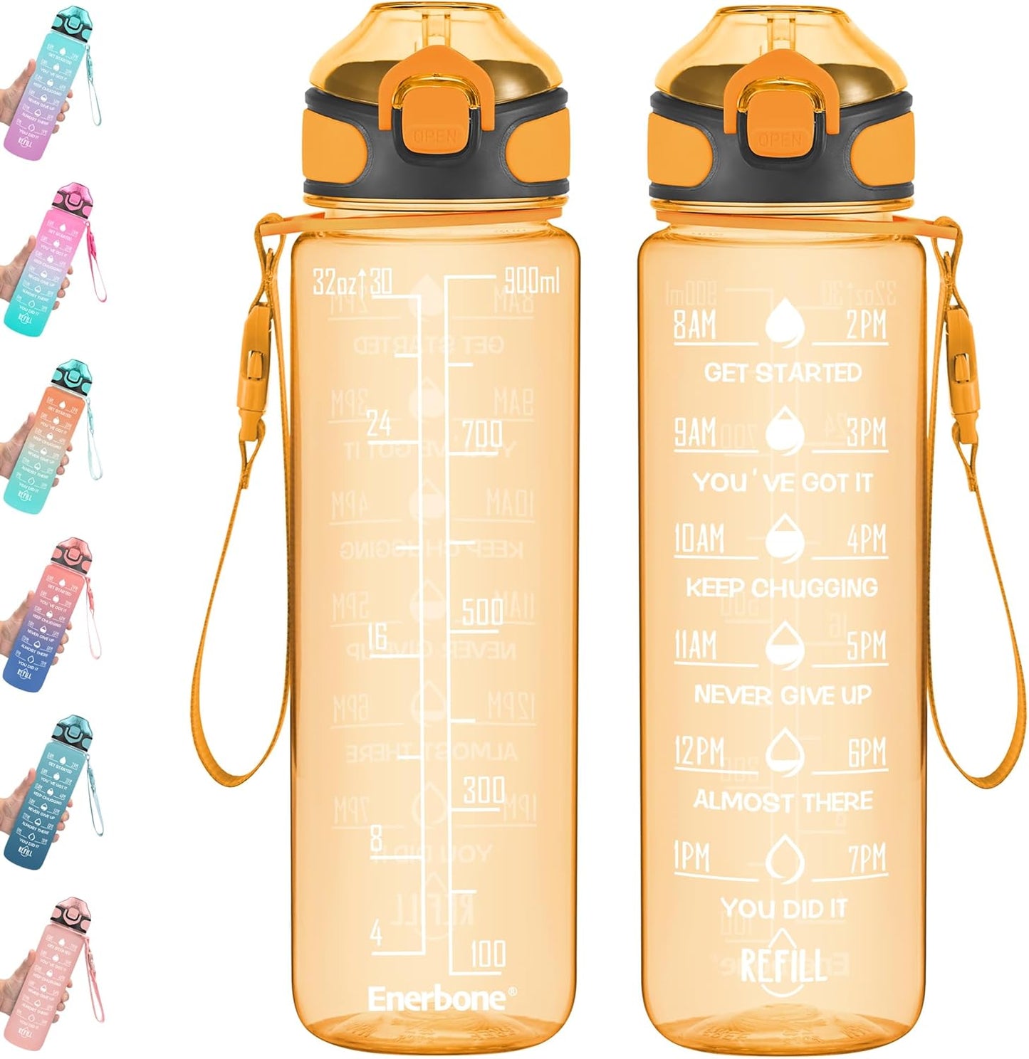 Enerbone 32 oz Drinking Water Bottle with Times to Drink and Straw, Motivational with Carrying Strap, Leakproof BPA & Toxic Free, Ensure You Drink Enough Water for Fitness Gym Outdoor