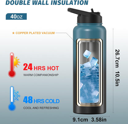 40oz Insulated Water Bottle (Cold for 48 Hrs),BPA Free&Leak Proof,Stainless Steel Water Flask,Water Jug with Straw Spout Lids for Gym,Hiking,Travel,Black Blue
