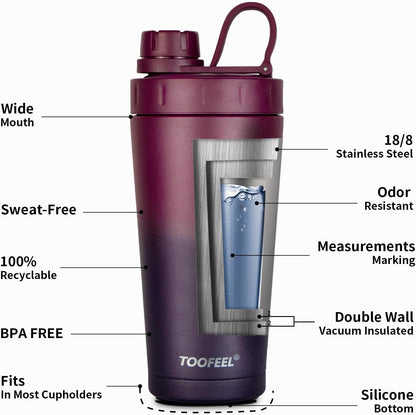 TOOFEEL Protein Shaker Bottle 20 oz - Double Walled Insulated Vacuum Cup for Protein Shakes, Keeps Cold/Hot, Metal Stainless Steel, Preworkout Gym