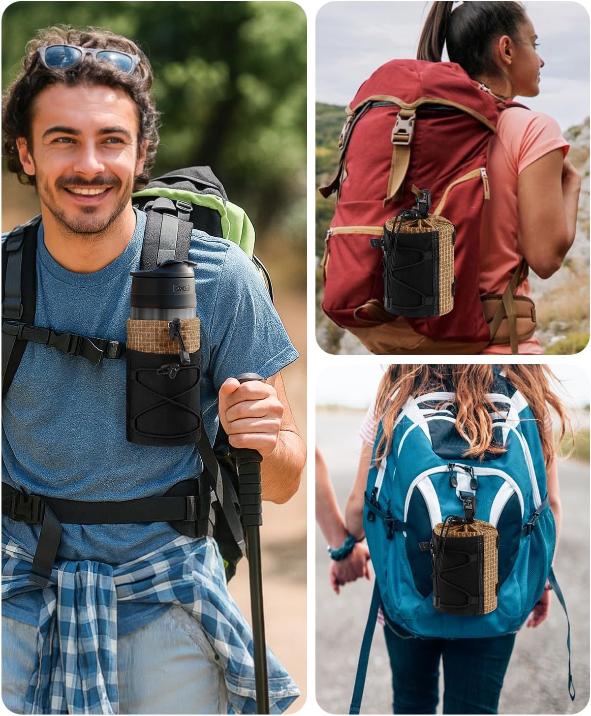 Water Bottle Holder Pouch with Hook Buckle, Backpack Water Bottle Holder Mesh Bag Carrier Fits for 8-24oz Bottles for Hiking, Running, Travel, Outdoor Backpack Accessories & Attachments