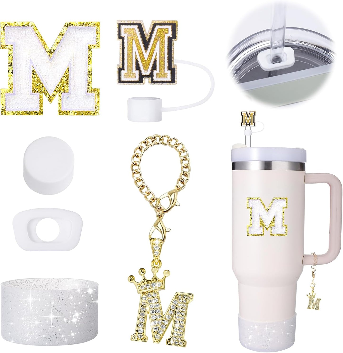 Mity Rain 6pc Cup Accessories Set for Stanley 30 oz & 40 oz Tumbler with Handle, Including Straw Cover Cap, Cup Initials Charm, Silicone Boot, Round & Square Spill Proof Stopper