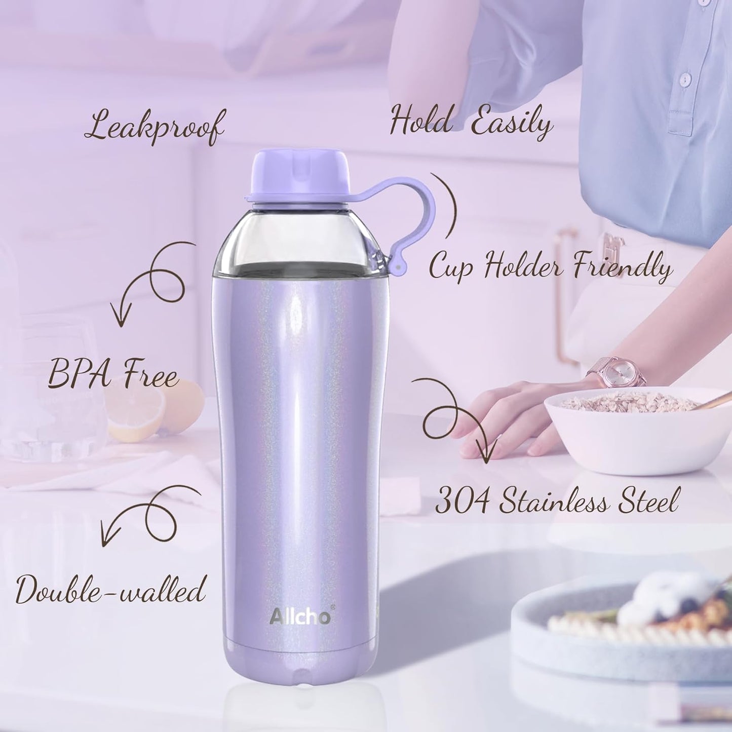 Allcho Insulated Water Bottle for Women, 18oz Stainless Steel Leak Proof Tumbler with 2 Lids, BPA-Free Tritan Chug & Straw Lid, Double Wall Vacuum Flask