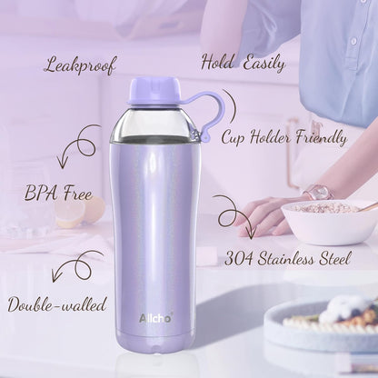 Allcho Insulated Water Bottle for Women, 18oz Stainless Steel Leak Proof Tumbler with 2 Lids, BPA-Free Tritan Chug & Straw Lid, Double Wall Vacuum Flask