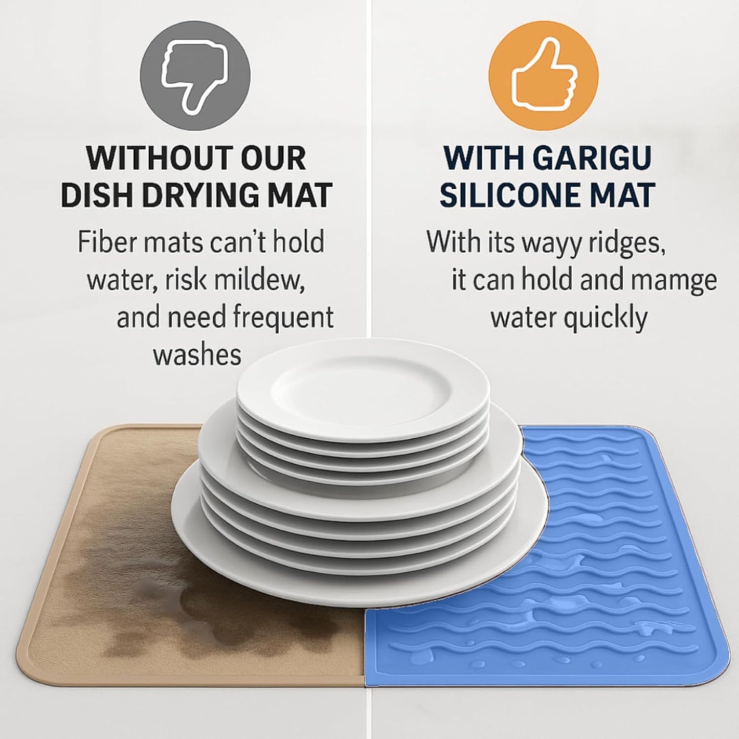 Silicone Drying Mat 16 × 12 – Gray Non-Slip Sink Mat for Kitchen Counter, Heat-Resistant Food-Grade Dish Pad, Easy-Clean Multipurpose Drawer Liner (Gray, 16'' x 12'')