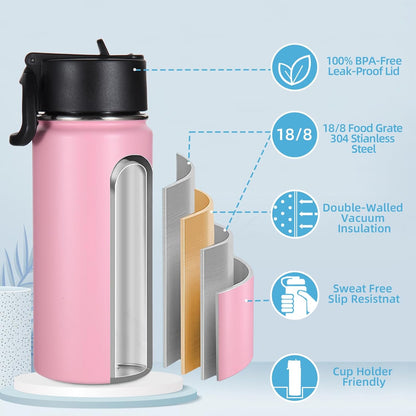 Volhoply 16 OZ Kids Water Bottle Bulk 8 Pack,Insulated Sports Bottles with Straw Lid,Stainless Steel Bottle with Handle Keep Cold & Hot,Double Wall Vacuum Tumbler Cups for School(Eight Color, 8)