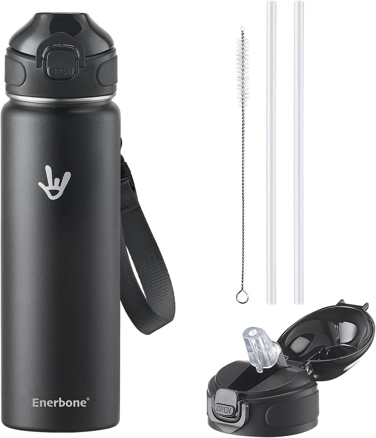 Enerbone 24 oz Insulated Water Bottle, Stainless Steel Bottle with Carrying Strap, Double-Wall Vacuum Insulation Design, Leakproof Sports Bottle with Straw, Keep Drinks Cold or Hot for Hours