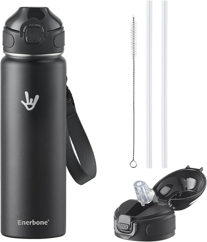 Enerbone 24 oz Insulated Water Bottle, Stainless Steel Bottle with Carrying Strap, Double-Wall Vacuum Insulation Design, Leakproof Sports Bottle with Straw, Keep Drinks Cold or Hot for Hours
