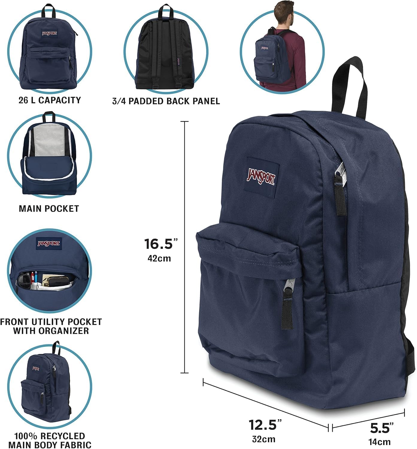 JanSport SuperBreak One Backpacks - Durable, Lightweight Bookbag with 1 Main Compartment, Front Utility Pocket with Built-in Organizer - Premium Backpack, Black - Colors A