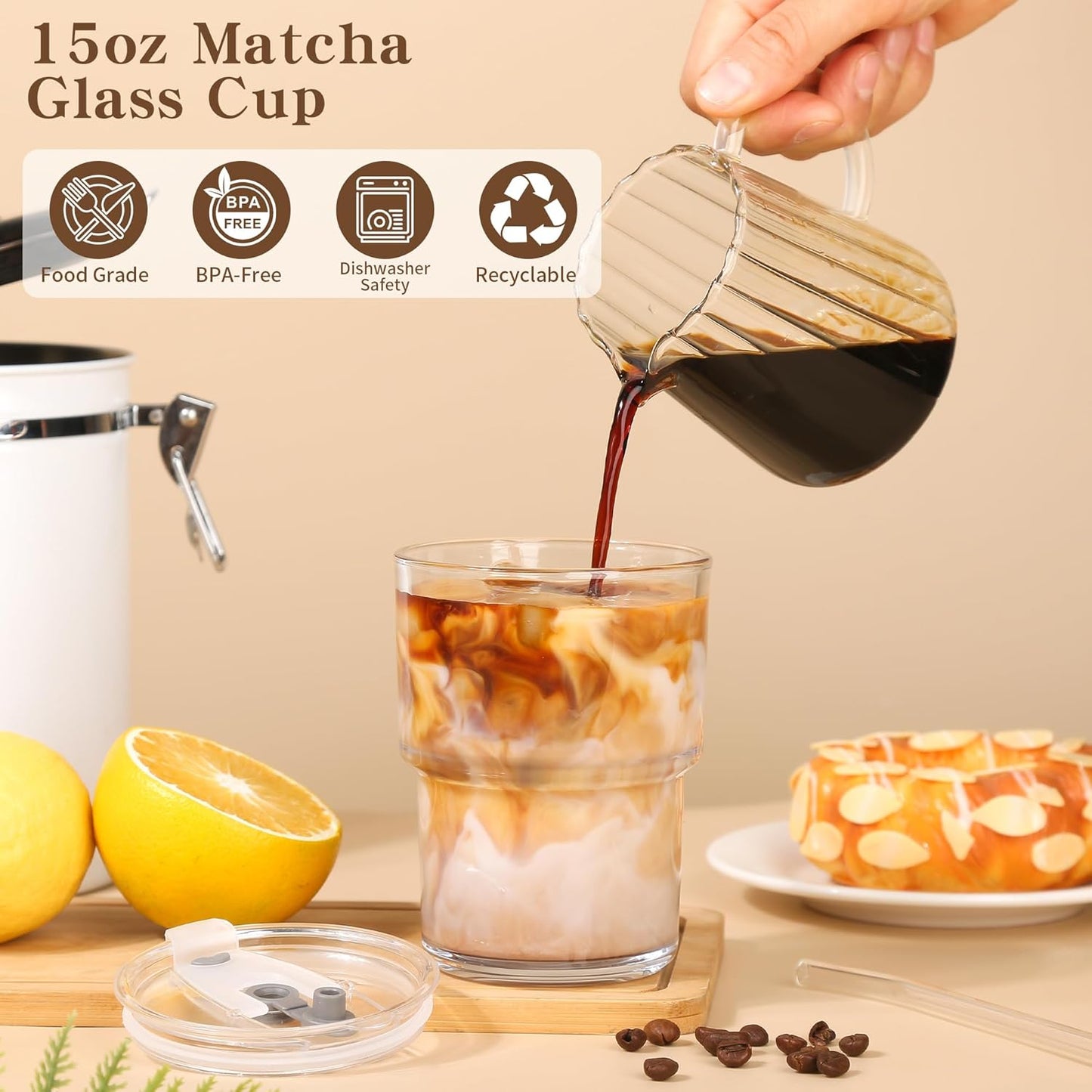 15oz Iced Coffee Cups with Lids Reusable,2Pcs Glass Matcha Cups,Glass Cups with Lids and Straws,Clear Glass Coffee Tumbler for Drinking Water,Tea,Juice